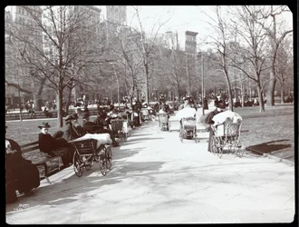 Zicht op vrouwen met kinderwagens in Madison Square Park, New York, 1901